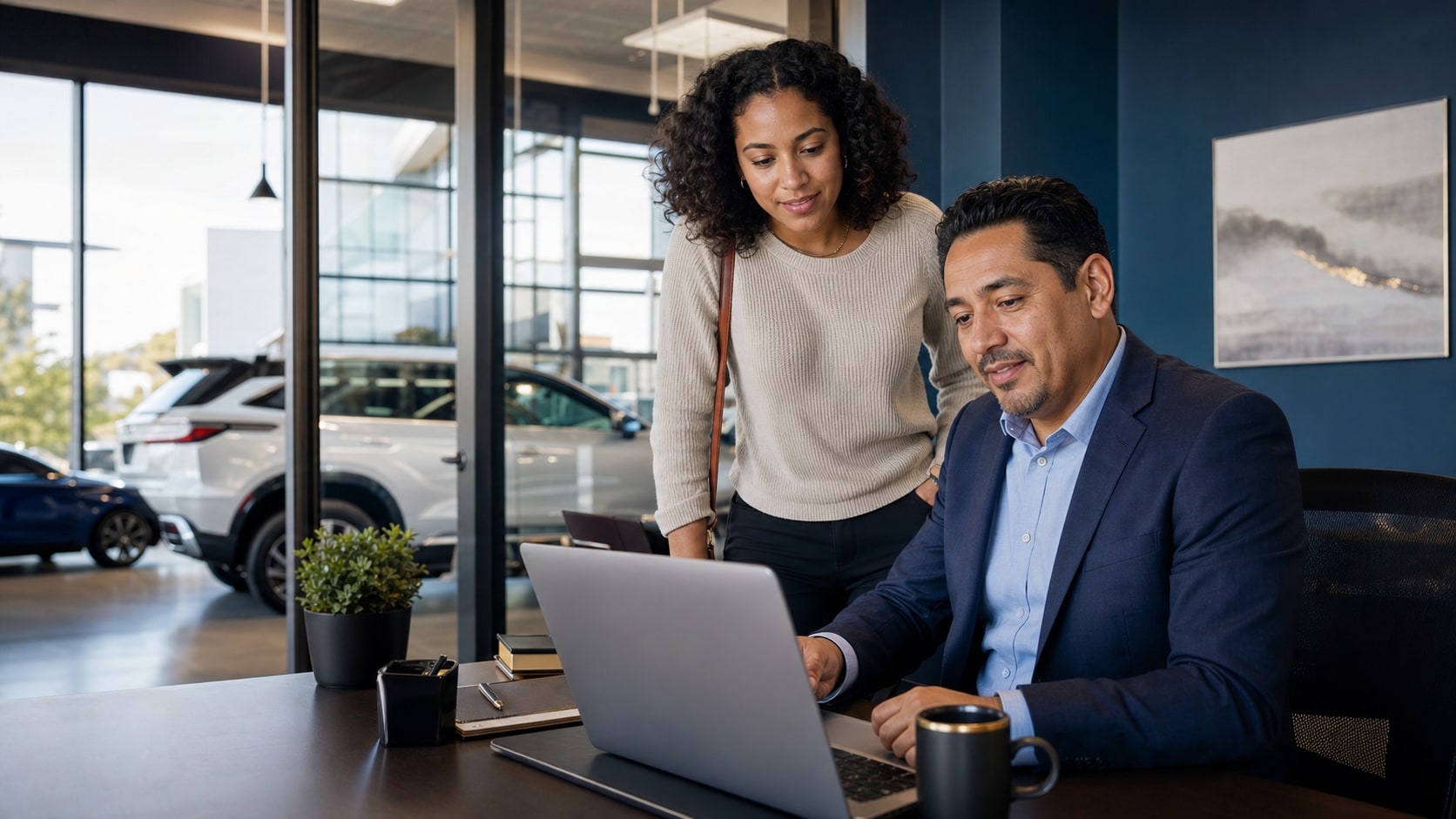 Auto dealership professional reviewing insurance verification information with a customer